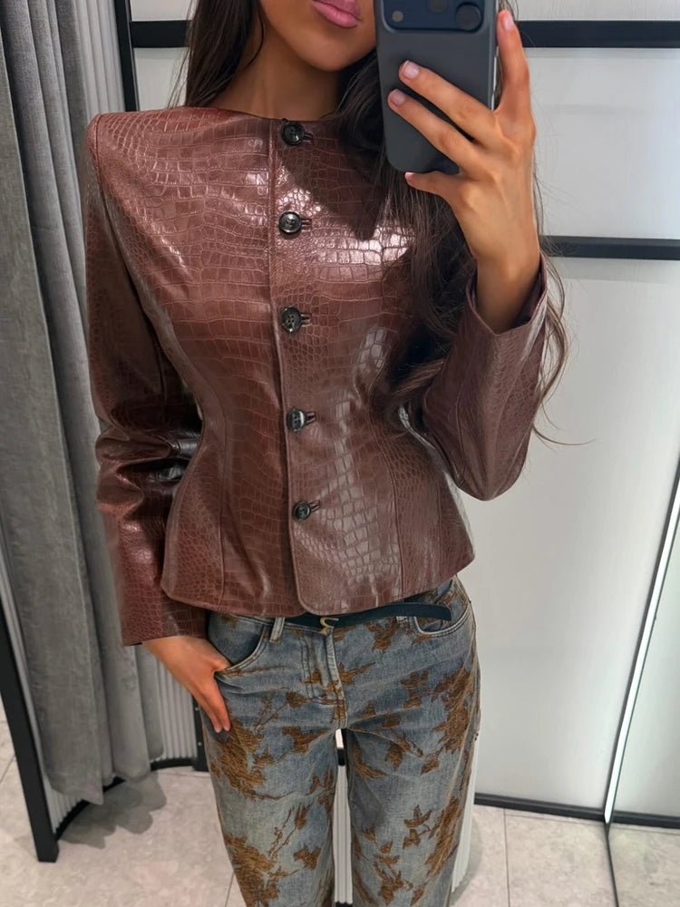Ragna Croc-Effect Faux Leather Jacket in brown – styled look