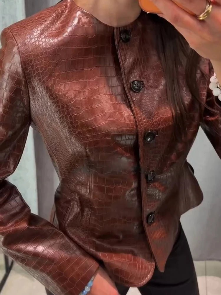 Ragna Croc-Effect Faux Leather Jacket in brown – styled look