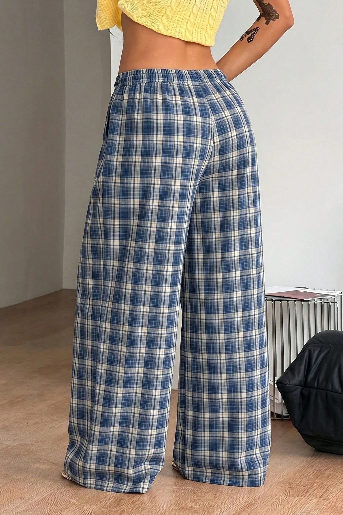 Saga Plaid Drawstring Wide-Leg Pants in blue plaid – styled look