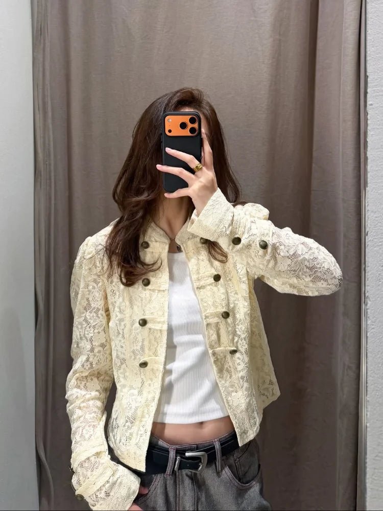 Selma Sheer Lace Patchwork Jacket in cream – styled look