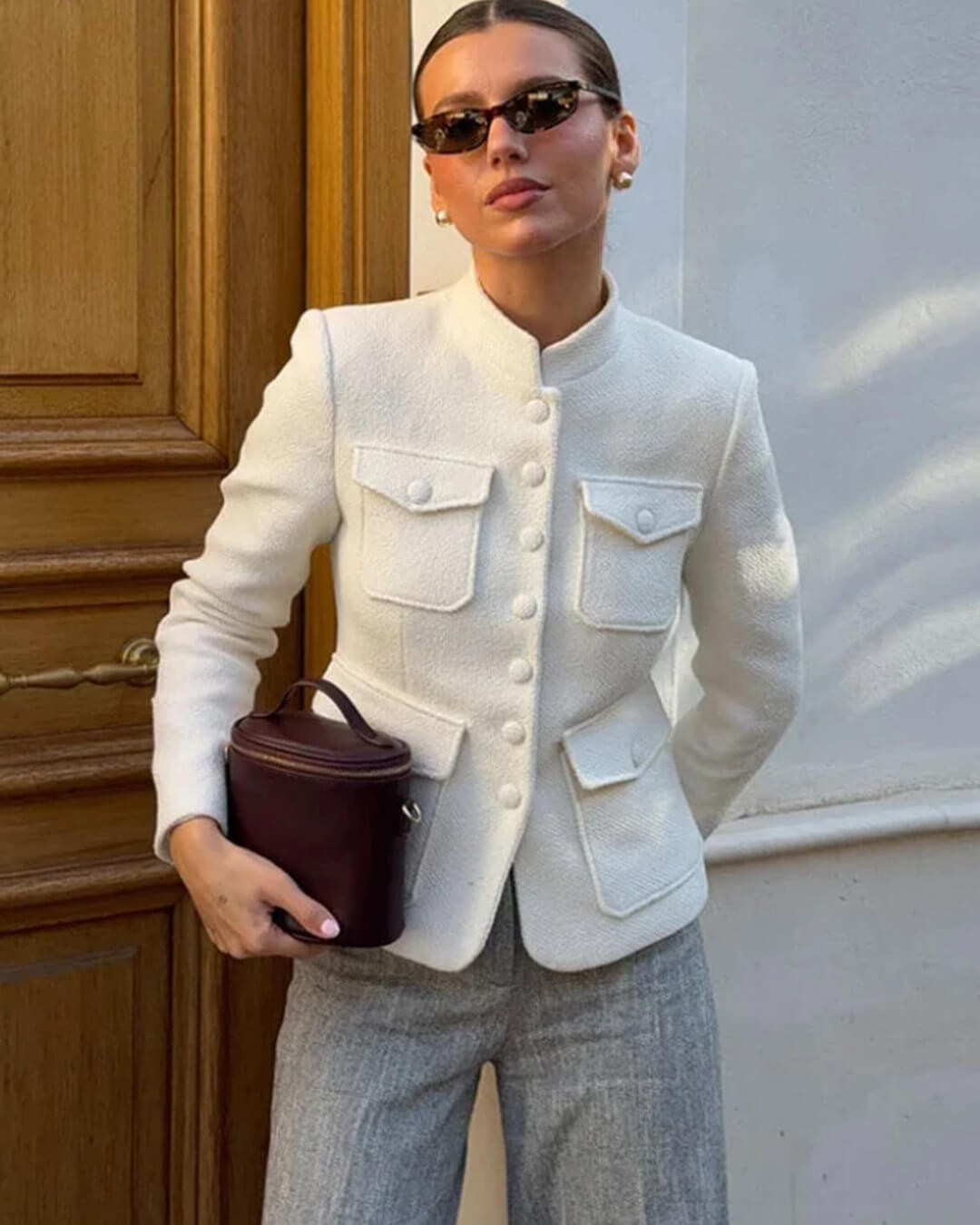 Signe Flap-Pocket Collar Blazer in ivory – styled look