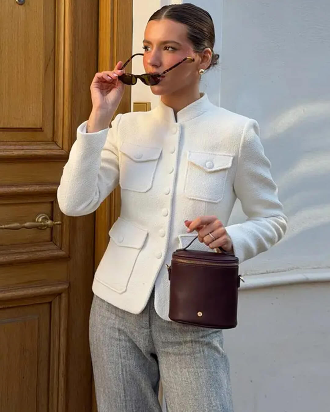 Signe Flap-Pocket Collar Blazer in ivory – styled look