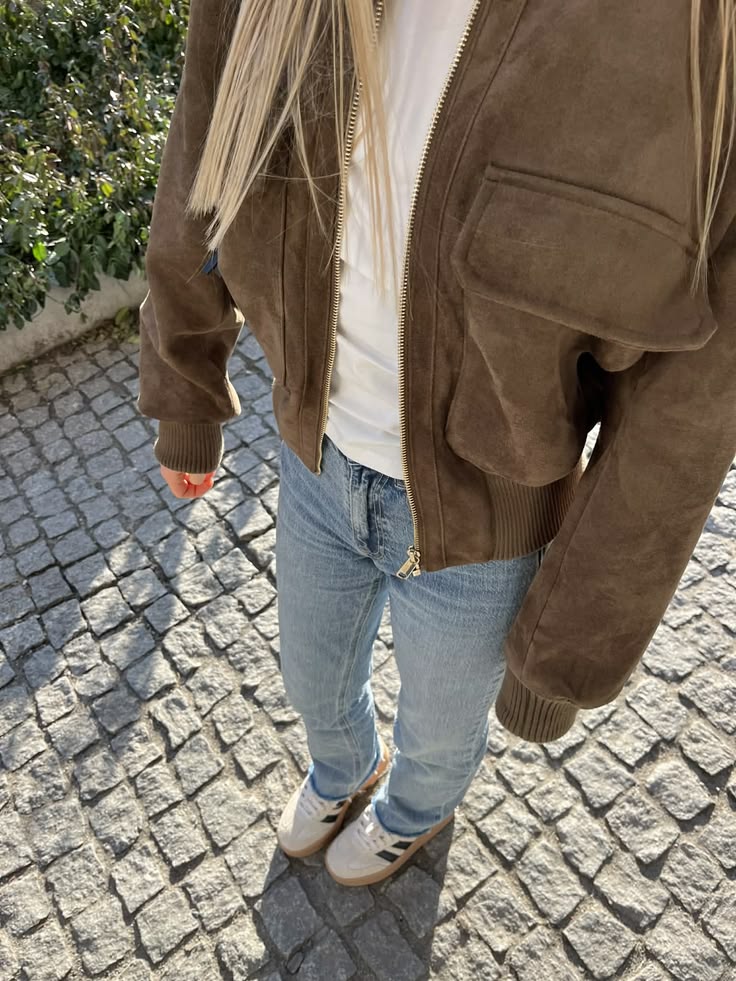 Stella Faux Suede Bomber Jacket in olive brown – styled look