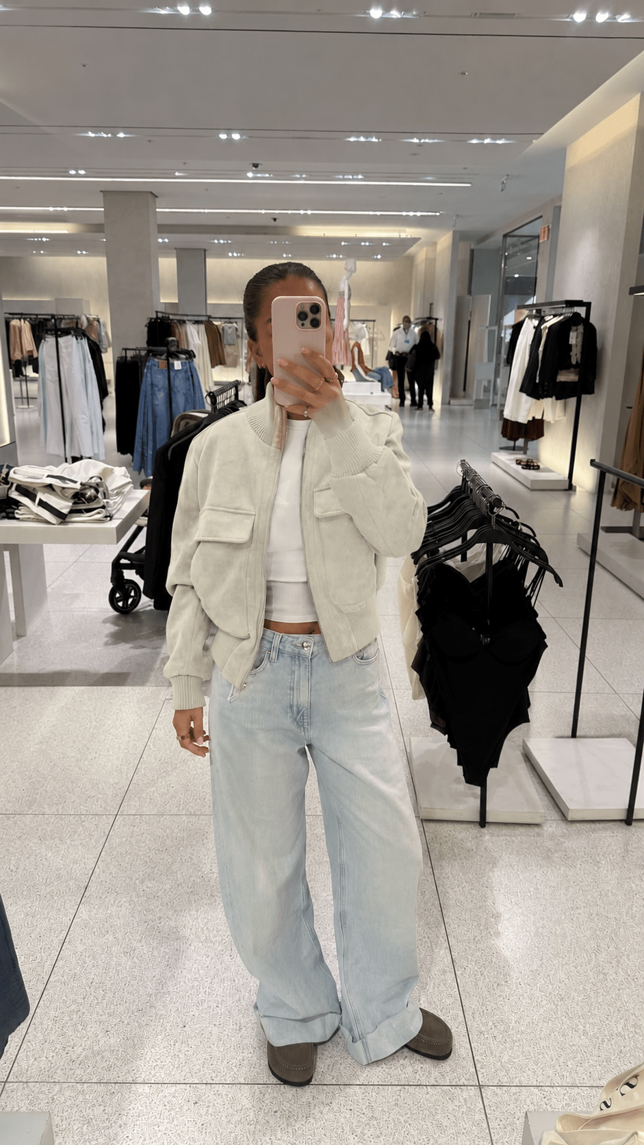 Stella Faux Suede Bomber Jacket in stone – styled look