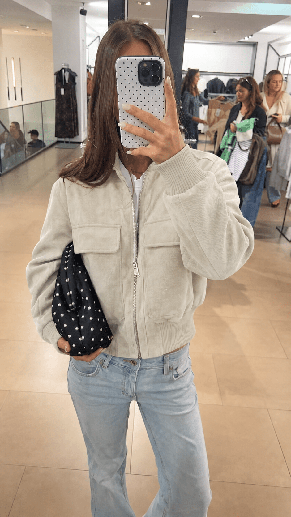 Stella Faux Suede Bomber Jacket in stone – styled look