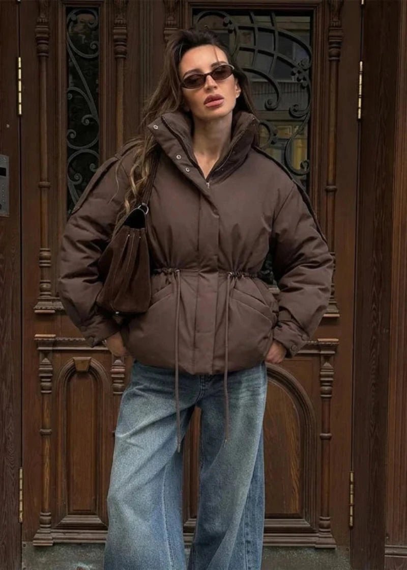 Sunniva Drawstring-Waist Puffer Parka in brown – styled look