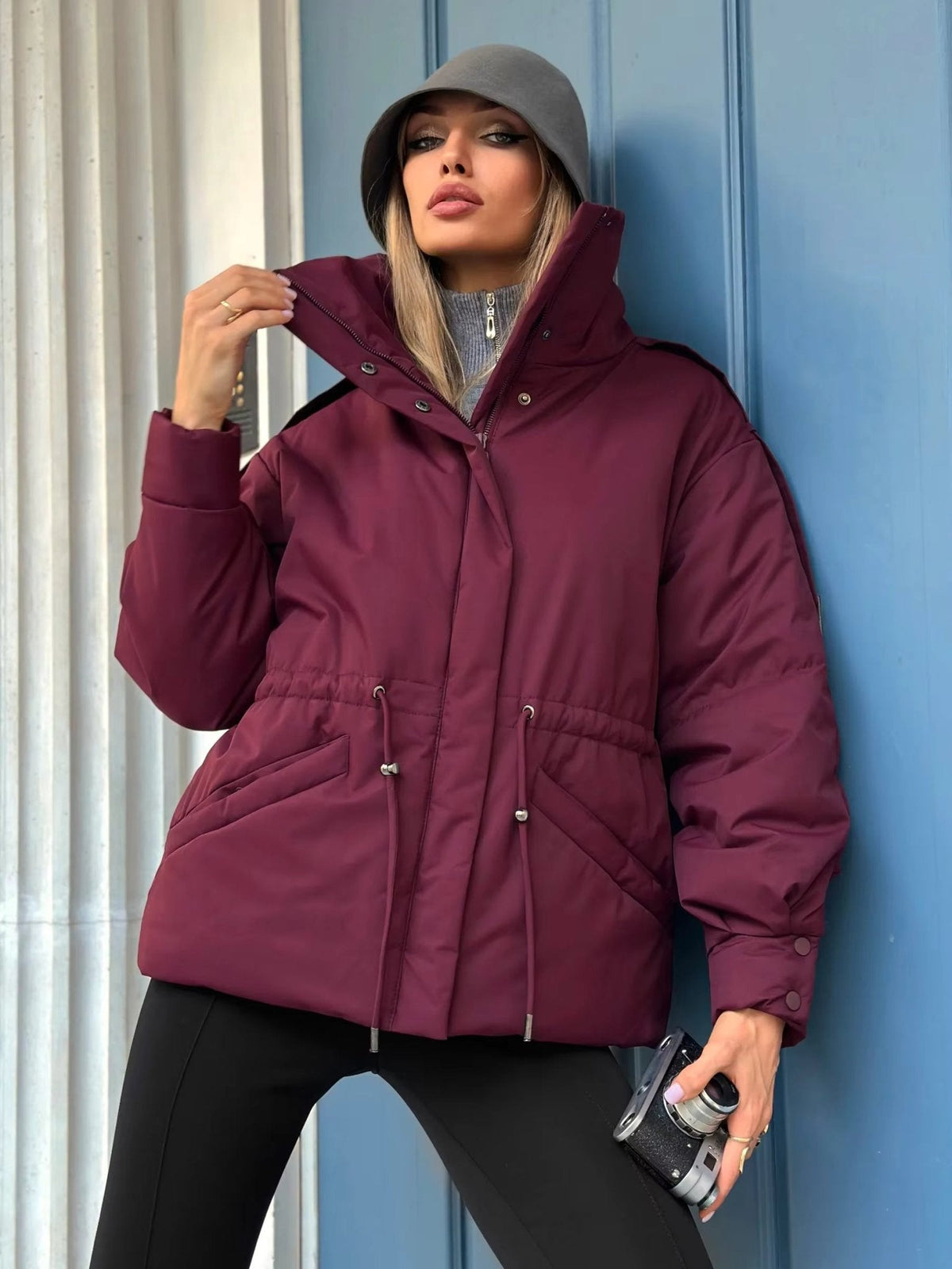 Sunniva Drawstring-Waist Puffer Parka in burgundy – styled look